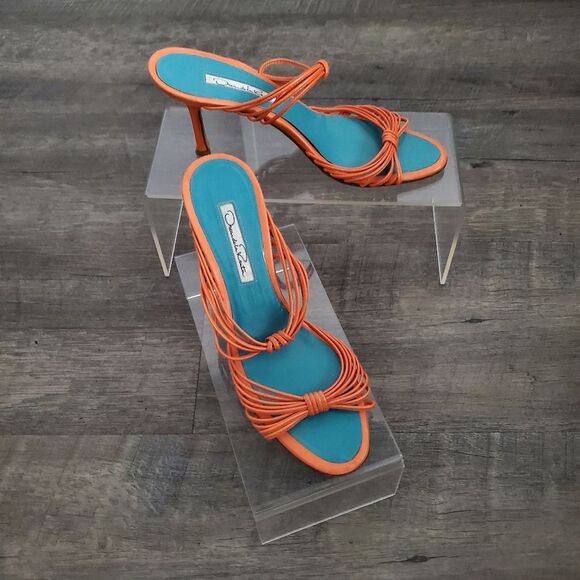 Oscar de la Renta Women's Heels US 6 EU 36 Orange Blue Leather Strappy Sandals - Picture 1 of 12
